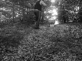 Naked submissive slut taken for a walk on a leash in forest HUMILIATION