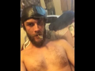 Leather Hat Jerking Off Smoking Joint