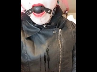 Custom Gagging Video With Extra Drool In Double Leather Jackets & Red Lips