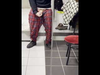 I touch my huge cock before leaving the house with my pajamas and my erection visible