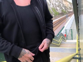 Josh Moore big uncut cock, outdoor public cum at the train station