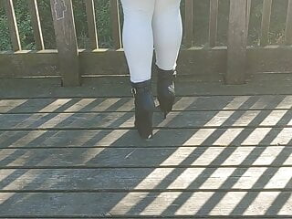 BWB performs a stairwalk in white freddy pants and my favourite pleaser heels on