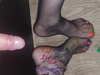 Pissing on my multi colour nylon mule feet