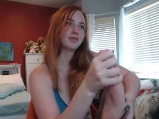 Petite redhead teen footfetish and dildo deep sucking on cam