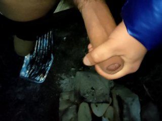 Piss with erection and cum on food into firepit outdoor