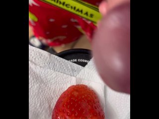 Ruined Orgasm over a strawberry  Cum Glazed Food  Cum Swallow  Shattered Orgasm