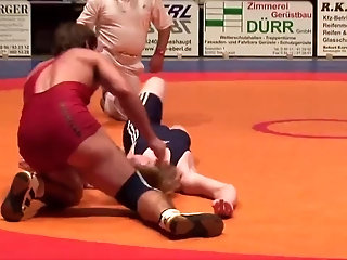wrestler gets payback with bulge in mouth pin