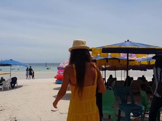 UP Yellow DRESS r NO PANTIES on Public Tropical Beach